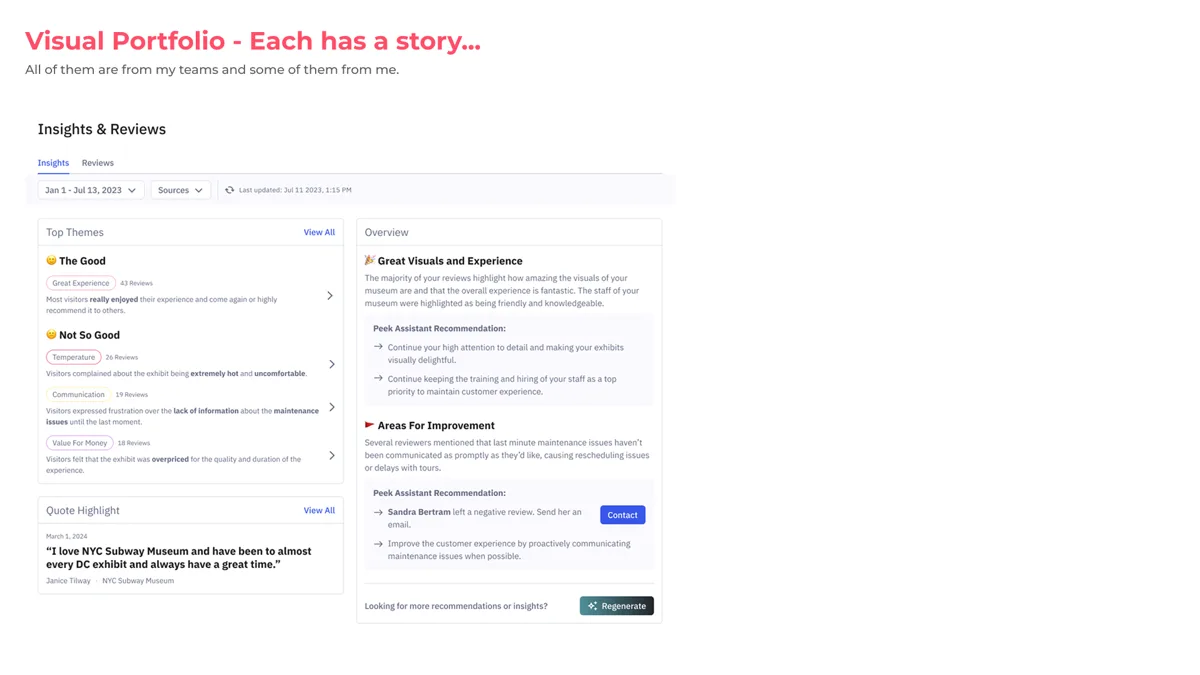 A Peek Insights & Reviews dashboard showing top themes from customer reviews and AI-generated recommendations.