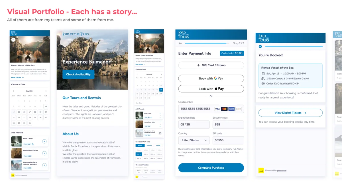 A Tolkien-themed demo tour-booking site with a full checkout flow, showing tour listings, a payment screen, and a booking confirmation.