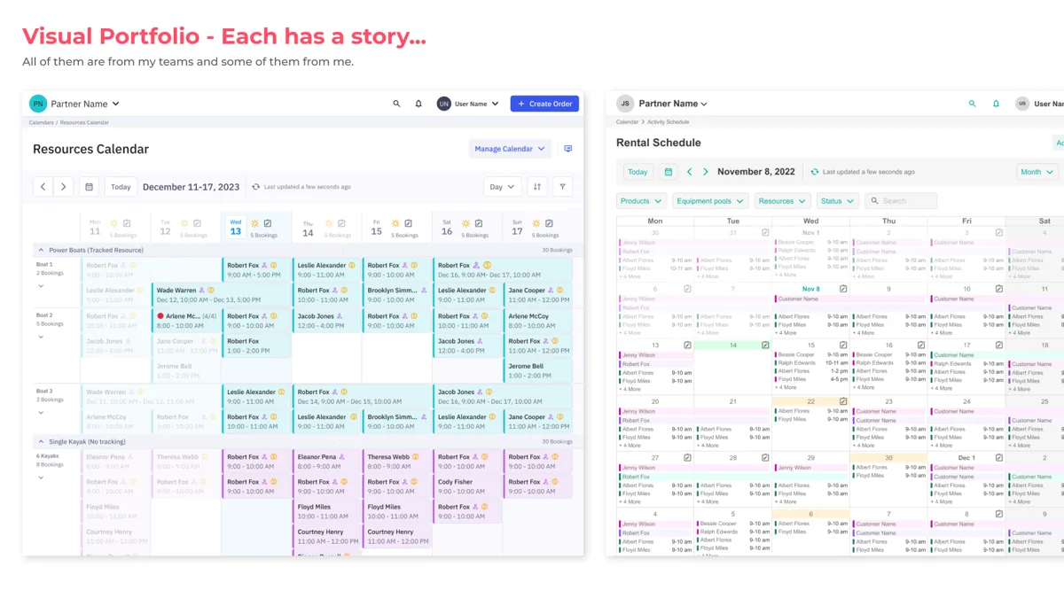 A Peek Pro resources calendar in week view alongside a rental schedule in month view.