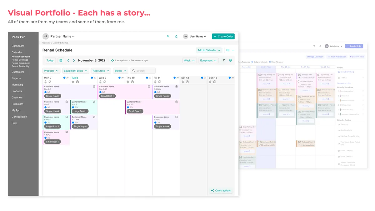 A Peek Pro weekly rental schedule calendar alongside a desktop manage-calendar grid of named activities.