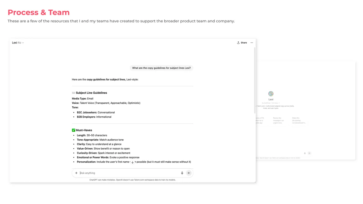 A ChatGPT conversation with a custom GPT named Lexi answering a question about email subject-line copy guidelines.