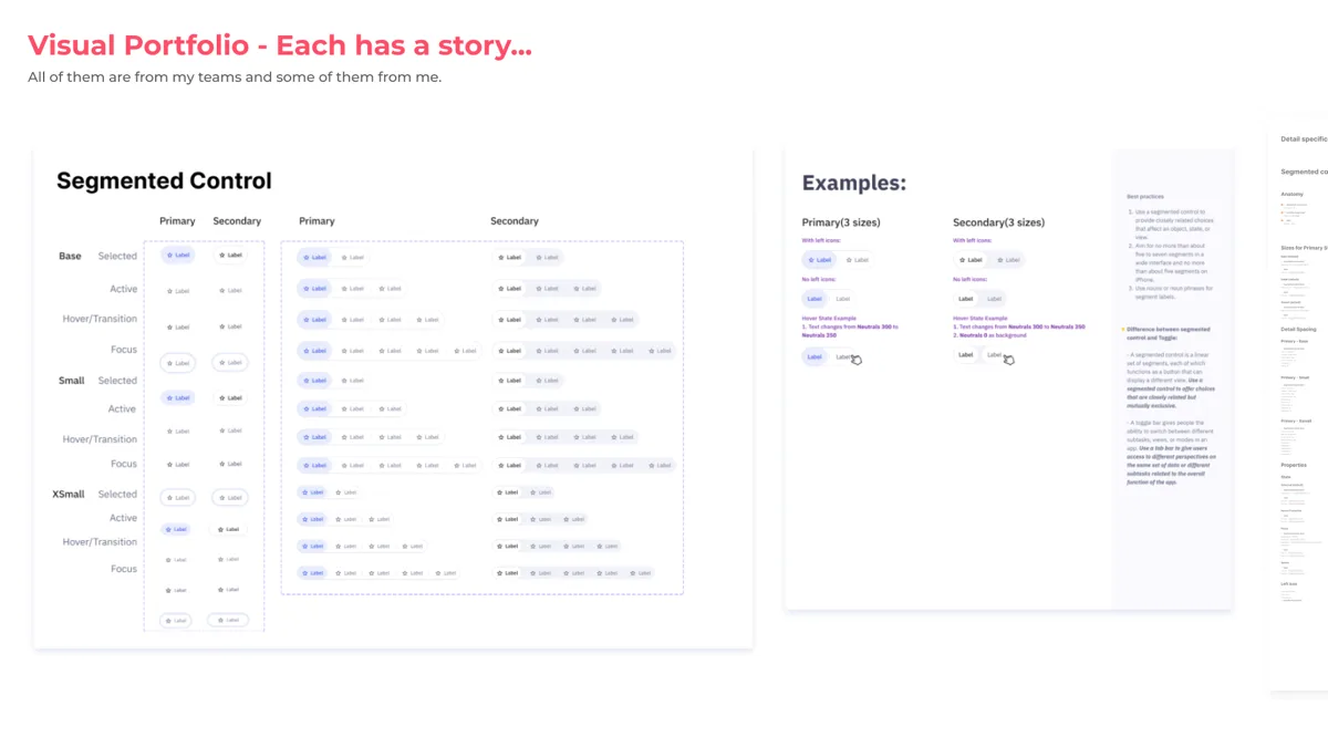 A design-system specification page for a Segmented Control component, showing sizes, states, and usage examples.